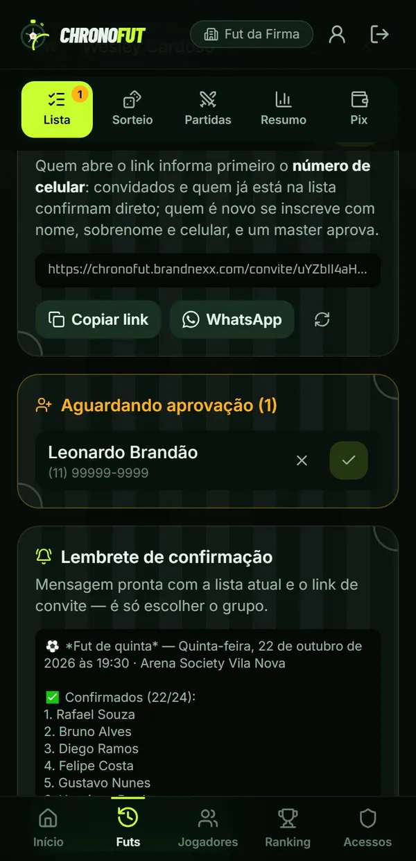Lista do fut com link de convite e lembrete para o WhatsApp