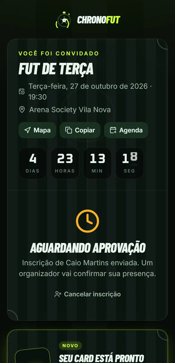 Convite do fut aberto no celular, aguardando aprovação