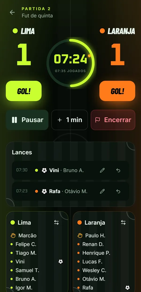 Partida ao vivo no ChronoFut: cronômetro, placar e lances